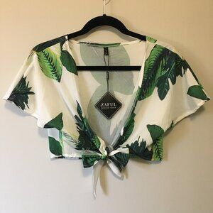 Zaful Tropical Palm Leaf Crop Top NWT Green White Botanical Medium